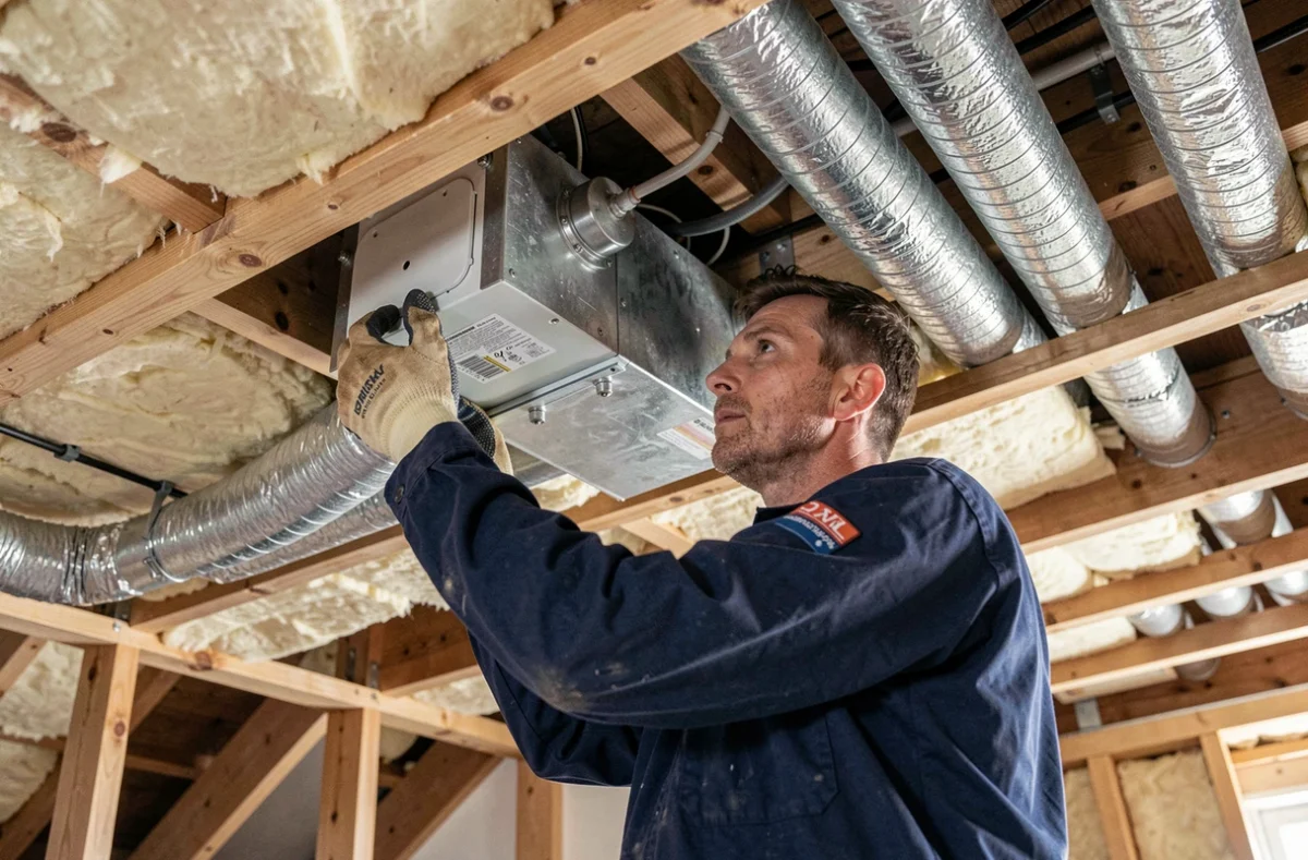 Technicien HVAC inspectant une pompe à chaleur gainable installée dans un vide de plafond résidentiel