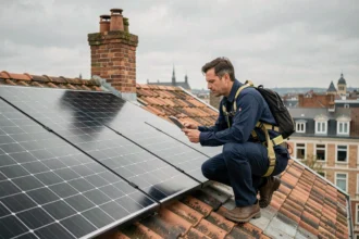 Technicien installant des panneaux solaires sur un toit de maison à Lille avec vue sur la ville