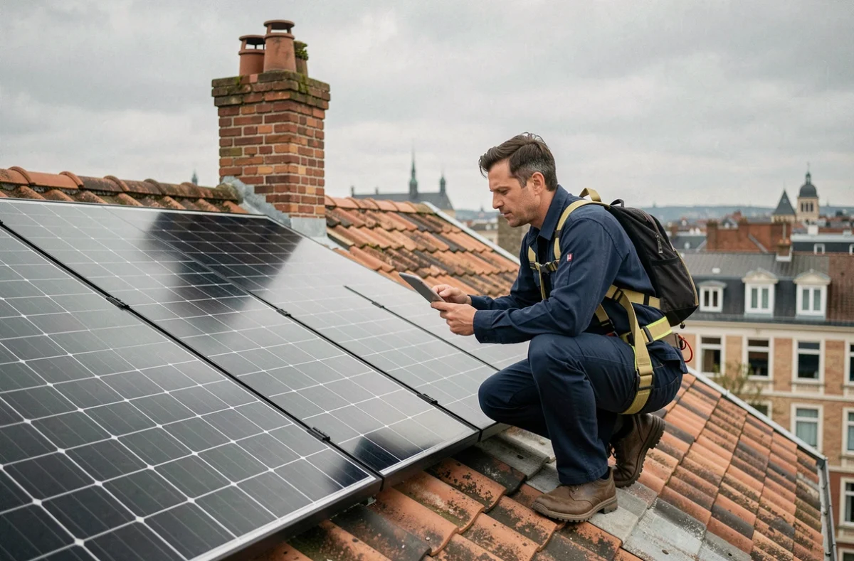 Technicien installant des panneaux solaires sur un toit de maison à Lille avec vue sur la ville