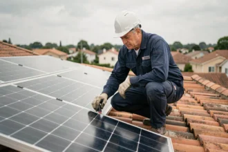 Technicien solaire inspectant des panneaux photovoltaïques installés sur un toit résidentiel, illustration de la prime à l'autoconsommation solaire