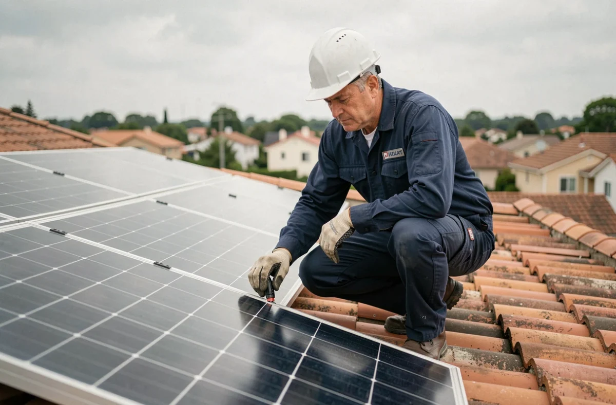 Technicien solaire inspectant des panneaux photovoltaïques installés sur un toit résidentiel, illustration de la prime à l'autoconsommation solaire