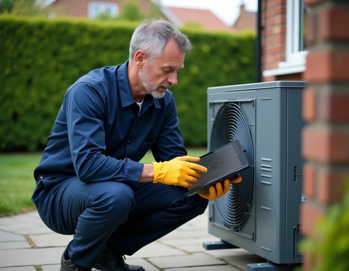 Technicien inspectant une pompe à chaleur solaire dans un jardin résidentiel