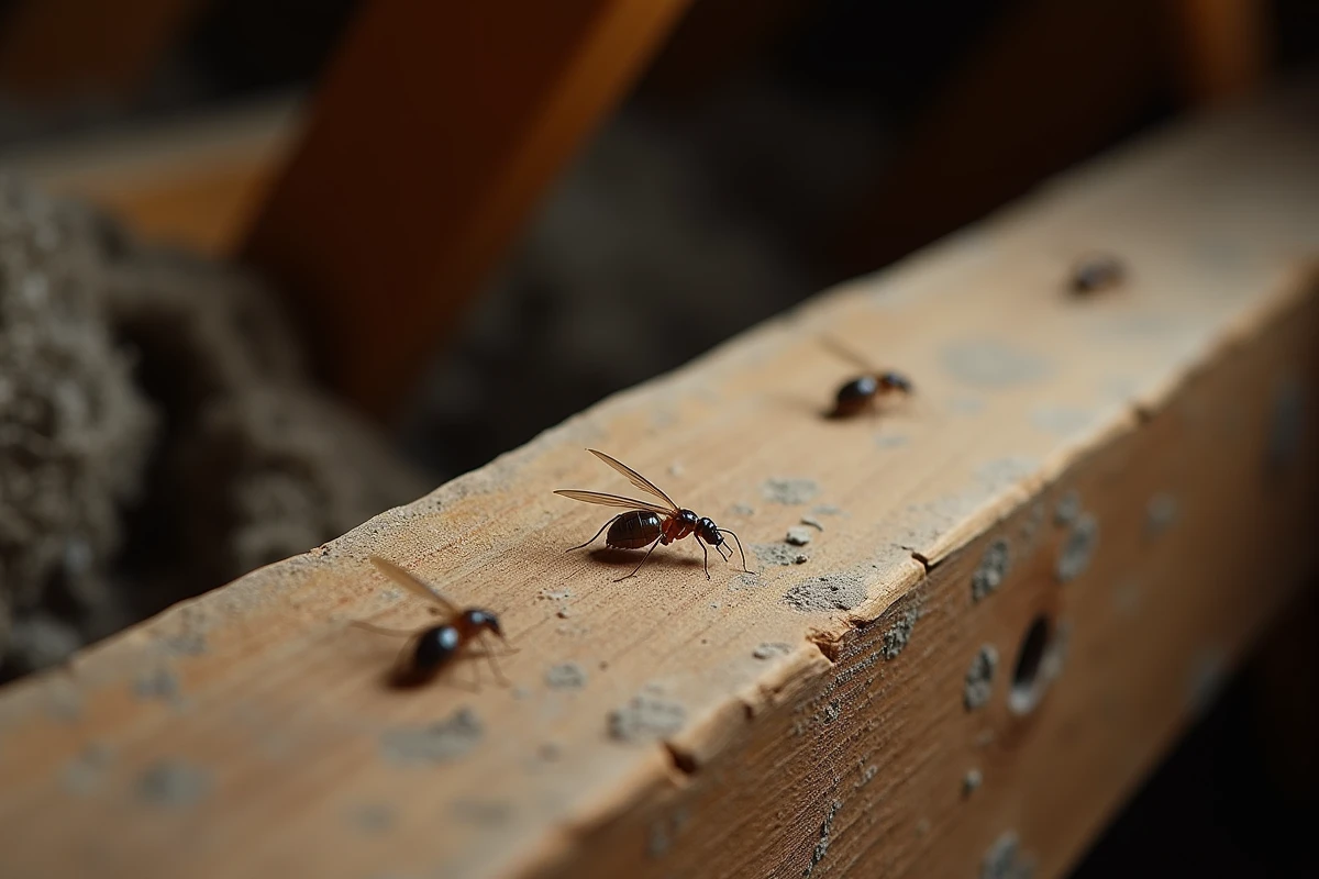 Termites ailées sur une poutre en bois de charpente dans un grenier avec traces de dégâts