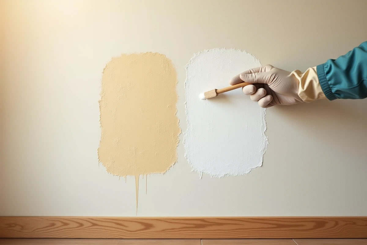 Comparaison de deux tests de peinture sur mur glycéro avec et sans primaire d'accrochage en appartement en location