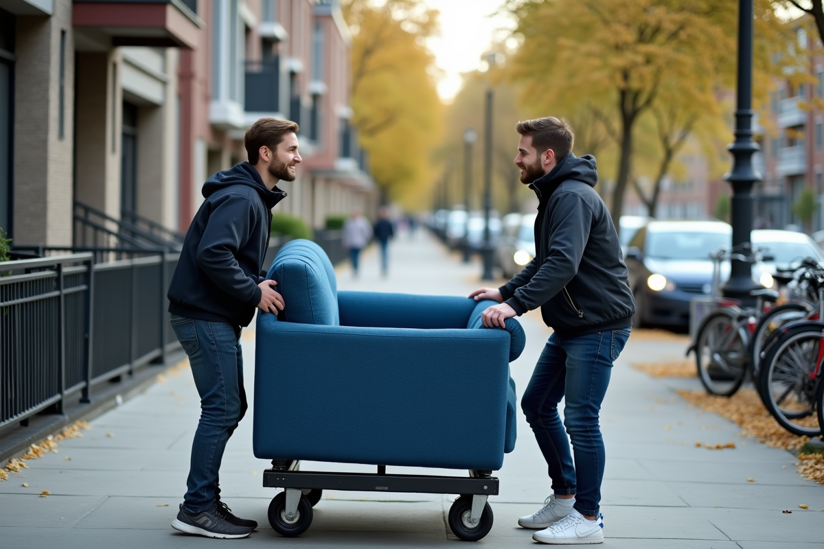 Deux jeunes hommes sécurisent un canapé sur un chariot dans la rue