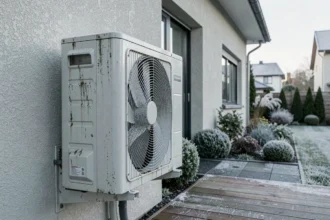 Unité extérieure de pompe à chaleur installée sur façade de maison individuelle avec jardin en arrière-plan