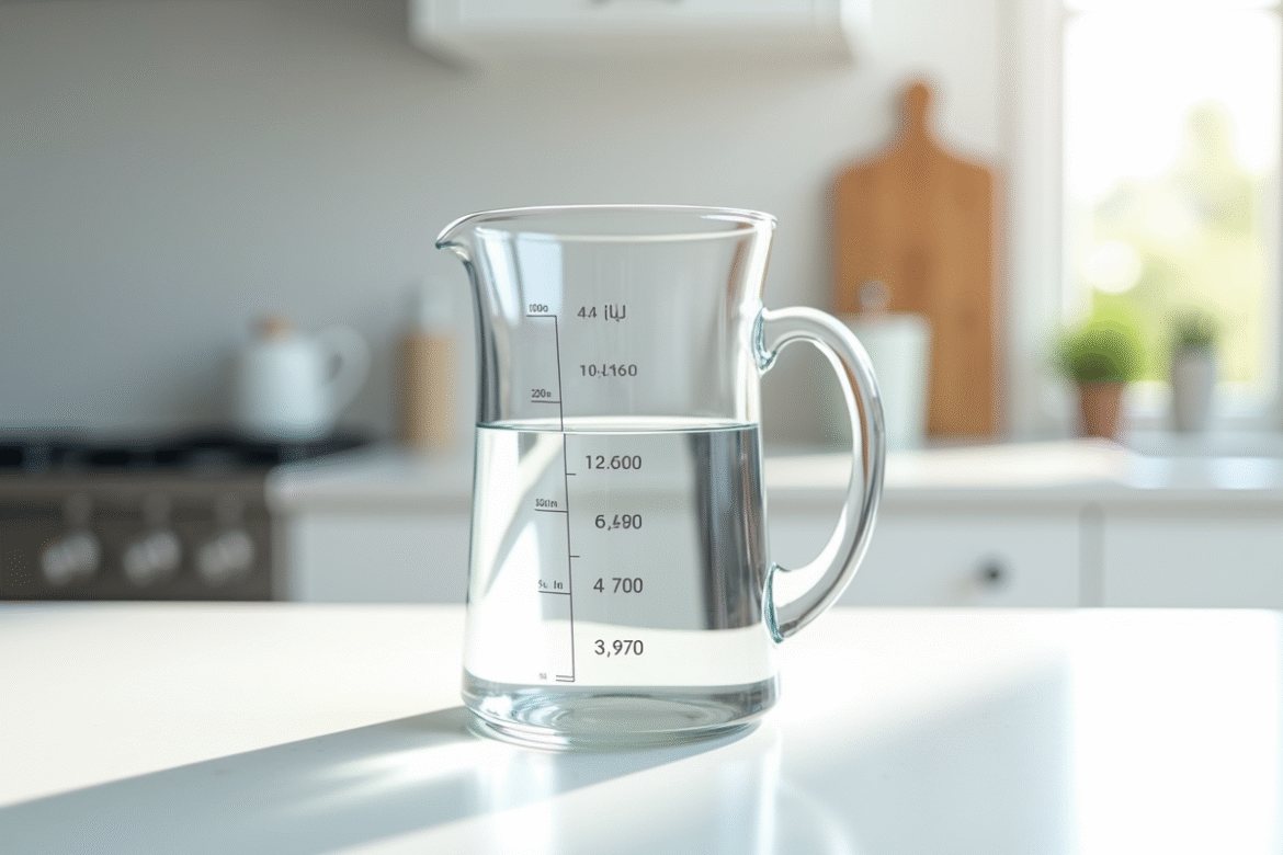 Verre mesureur d'eau sur plan de travail blanc lumineux