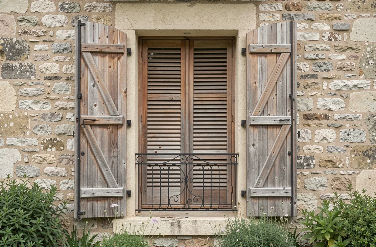 Volets en bois faits maison installés sur la façade d'une maison de campagne française en pierre